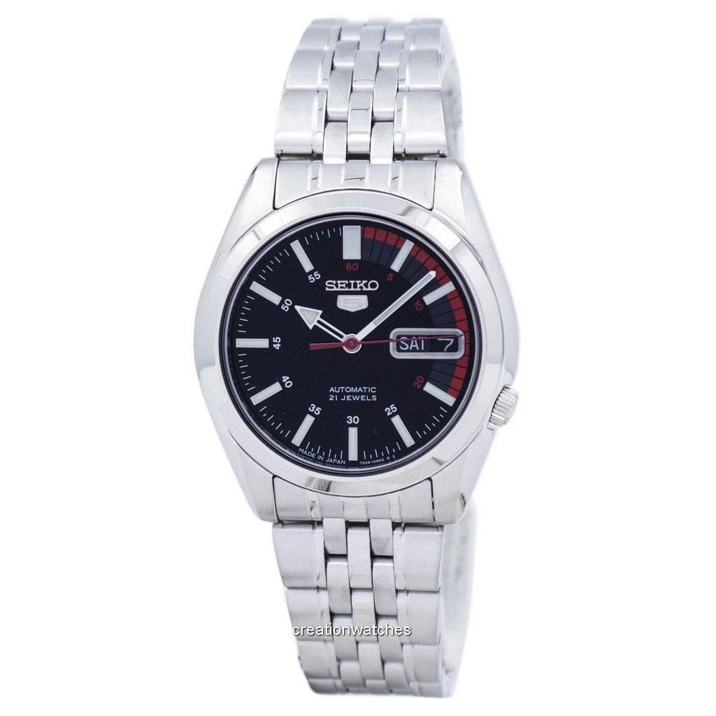 Seiko SNK375 Orologio Uomo Automatico – Cassa Acciaio 37mm, Quadrante Nero, Bracciale In Acciaio, Giorno/Data, Resistente 30m